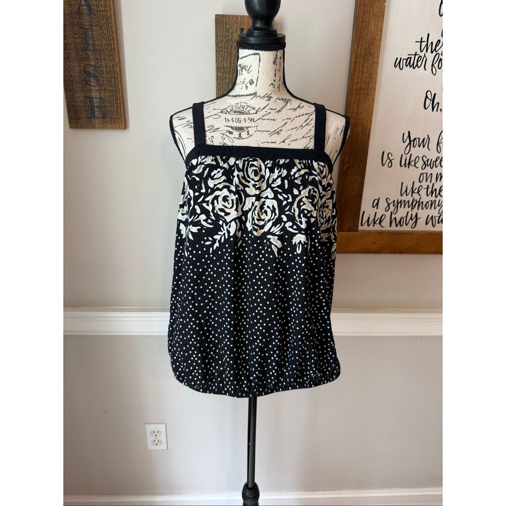 Maxine Of Hollywood Women's Polka Dot Floral Swim Tankini Top Black Gold Sz 16W